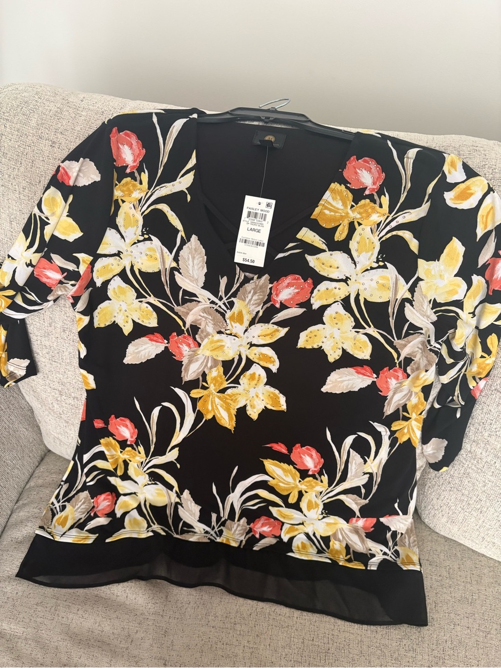 JM Collection Black Floral V-Neck Top with Yellow & Coral Blooms